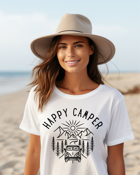 Happy Camper Vintage T-Shirt – Retro Adventure Tee for Nature Lovers - Unisex White