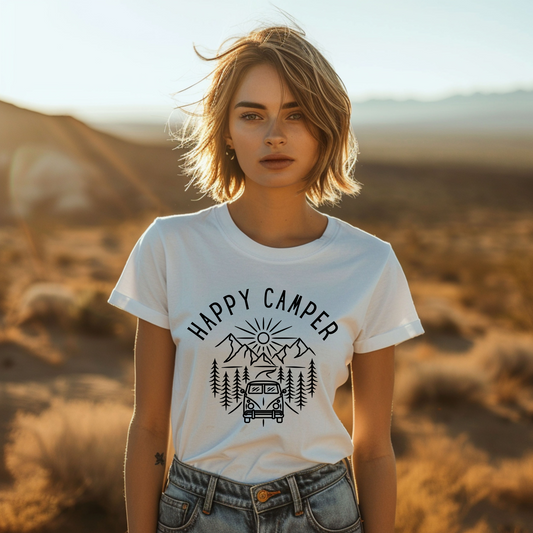 Happy Camper Vintage T-Shirt – Retro Adventure Tee for Nature Lovers - Unisex Dark Colors